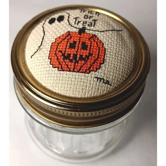 Halloween Handmade Cross Stitch Lid Glass Jar Trick or Treat Ghost Pumpkin 4oz - Picture 2 of 12